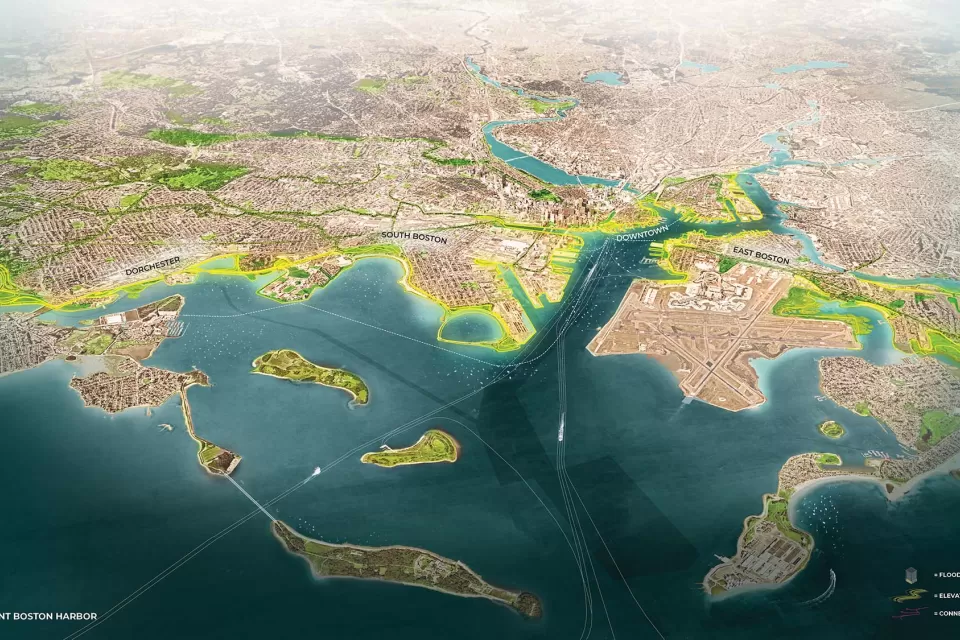 A map of the Boston harbor with locations highlighted that will be vulnerable to sea-level rise.